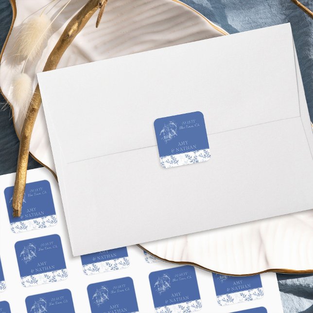 Chinoiserie Blue Elegant Floral Wedding Square Sticker (Square blue wedding sticker from Chinoiserie Wedding Collection by Darling & May)