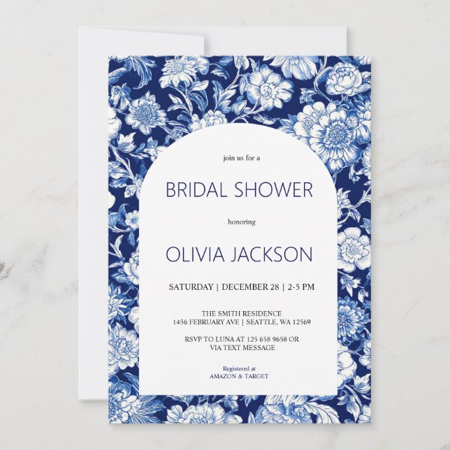 Chinoiserie Blue Floral Bridal Shower Invitation   (Front)