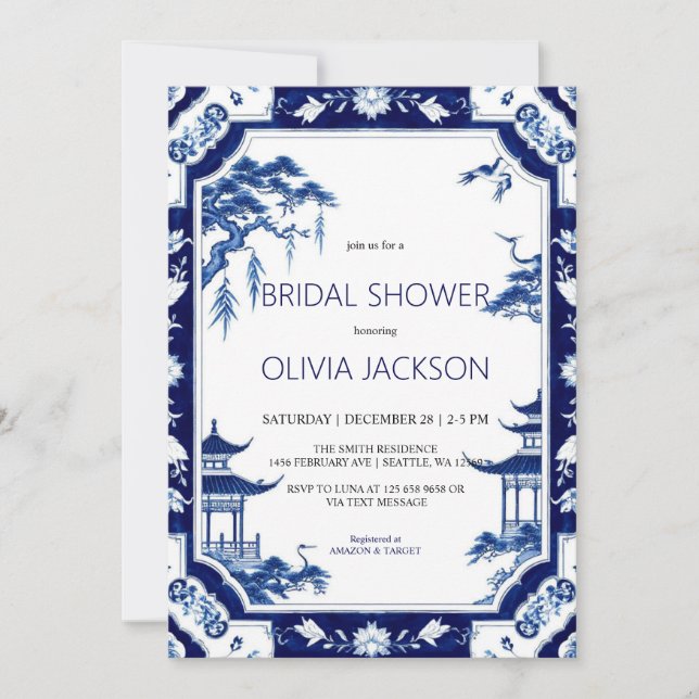 Chinoiserie Blue Floral Bridal Shower Invitation   (Front)