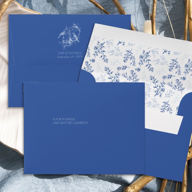Chinoiserie Blue Floral Pre-Addressed Wedding RSVP Envelope (Blue, pre addressed RSVP envelopes from the Chinoiserie Wedding Collection by Darling & May)