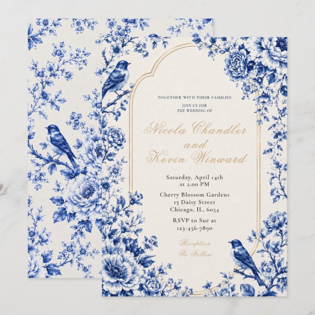 Chinoiserie Blue Floral Wedding Invitation (Front/Back)