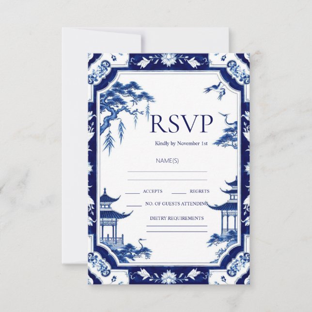 Chinoiserie Blue Floral Wedding RSVP Cards (Front)