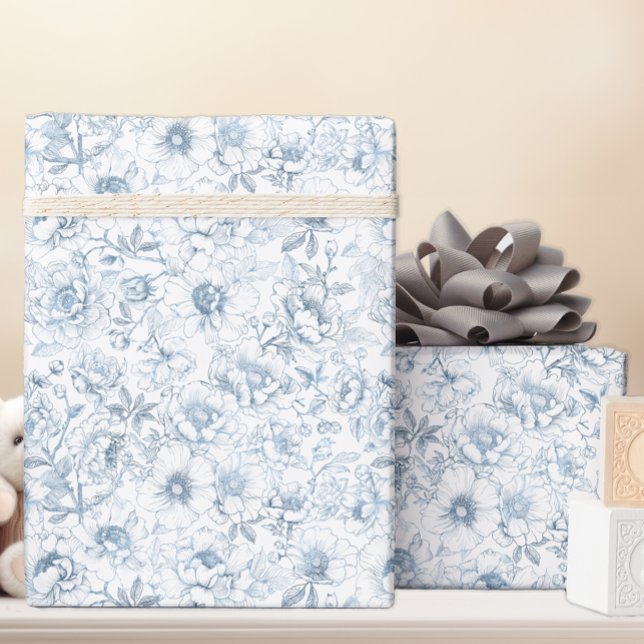 Chinoiserie Blue Floral Wrapping Paper (Dusty Blue Floral Gift Wrap)