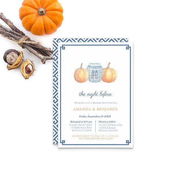 Chinoiserie Blue & Orange Pumpkin Rehearsal Dinner Invitation (Navy Blue With Orange Pumpkins Preppy Wedding Rehearsal And Dinner Invitation)