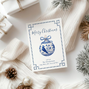 Chinoiserie Blue Ornament with Bow Holiday Card