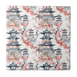 Chinoiserie Blue Pagoda Pink Blossom Floral Tile