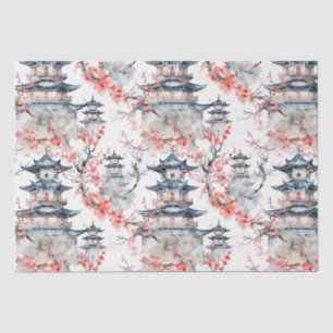 Chinoiserie Blue Pagoda Pink Blossom Floral Tissue Paper