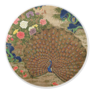 Chinoiserie Blue Peacock with Exotic Flower Garden Ceramic Knob