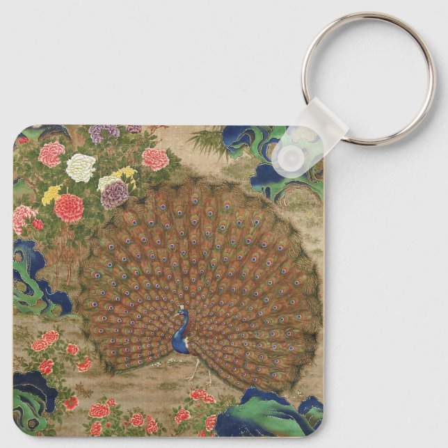 Chinoiserie Blue Peacock with Exotic Flower Garden Key Ring (Back)