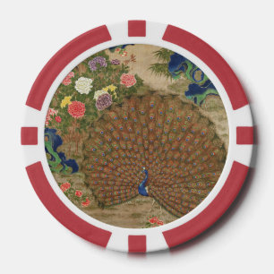 Chinoiserie Blue Peacock with Exotic Flower Garden Poker Chips