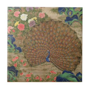 Chinoiserie Blue Peacock with Exotic Flower Garden Tile