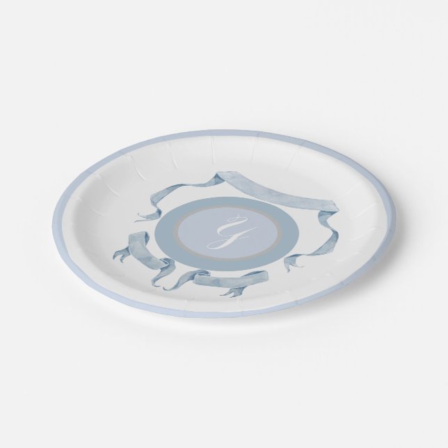 Chinoiserie Blue Ribbons Crest Shield  Paper Plate (Angled)