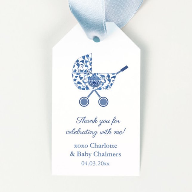 Chinoiserie Blue Stroller Baby Shower Favour Tag (Preppy blue and white hand painted watercolor chinoiserie print stroller baby shower favor tags)