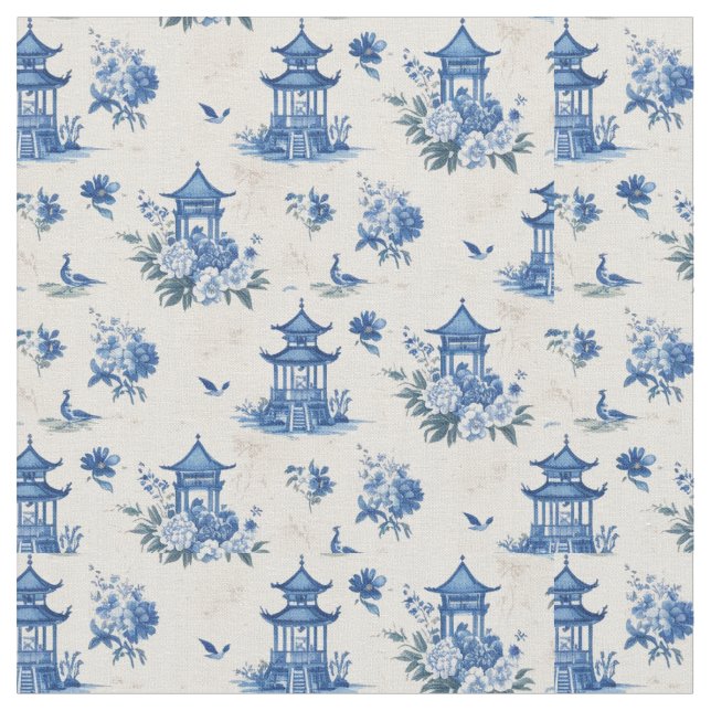 Chinoiserie Blue Toile Pattern Elegant Fabric (Close Up)