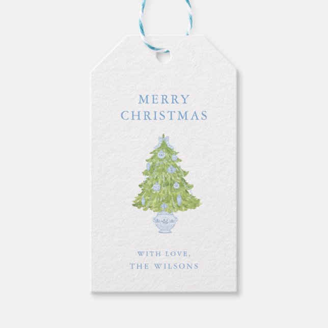 Chinoiserie Blue Tree Ribbon Christmas Gift Tag (Front)