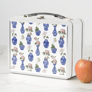 Chinoiserie blue vases and flowers metal lunch box