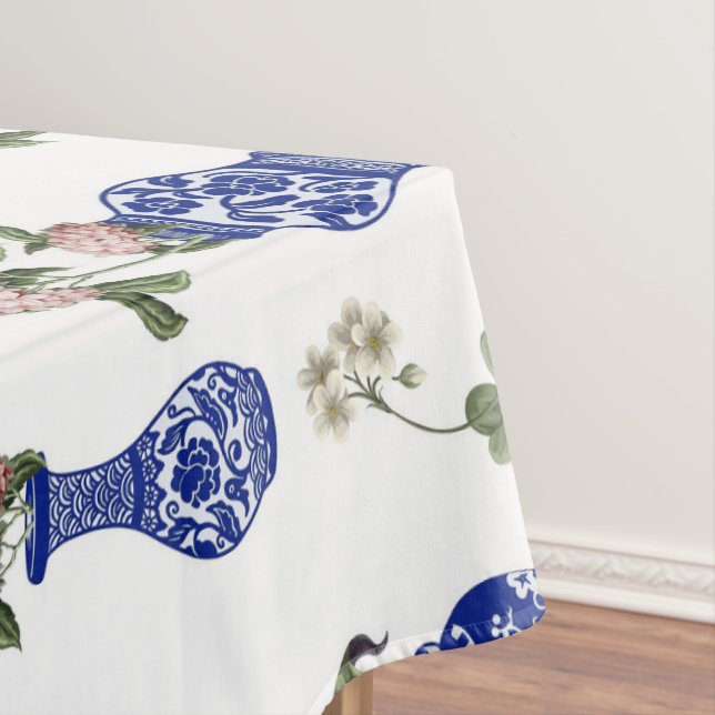 Chinoiserie blue vases and flowers  tablecloth (In Situ)
