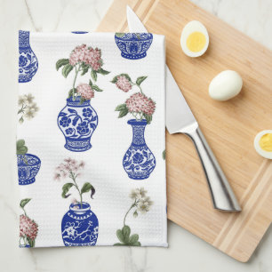 Chinoiserie blue vases and flowers tea towel