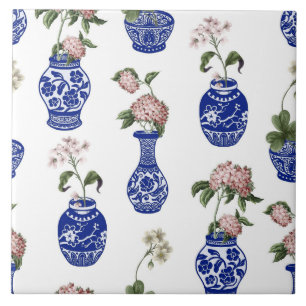 Chinoiserie blue vases and flowers  tile