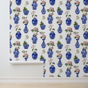 Chinoiserie blue vases and flowers wallpaper