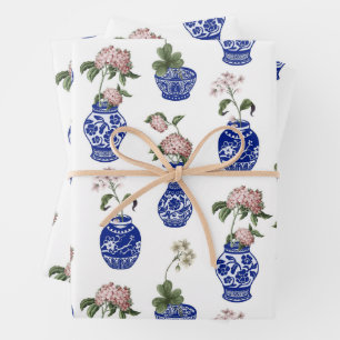 Chinoiserie blue vases and flowers  wrapping paper sheet