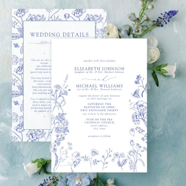 Chinoiserie Blue Victorian Floral Details Wedding Invitation (Creator Uploaded)