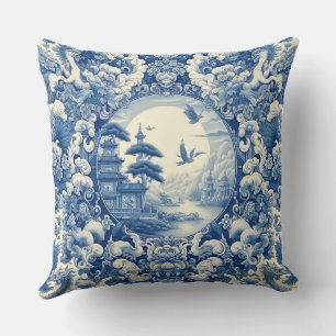 Chinoiserie Blue White Asian Pagoda Lake Cranes Cushion