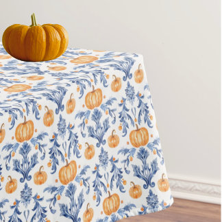  Chinoiserie Blue White Autumn Orange Pumpkins Tablecloth