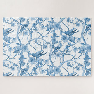 Chinoiserie Blue White Bird Floral Asian Influence Jigsaw Puzzle