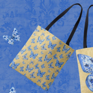 Chinoiserie Blue White Butterflies On Gold Tote Bag