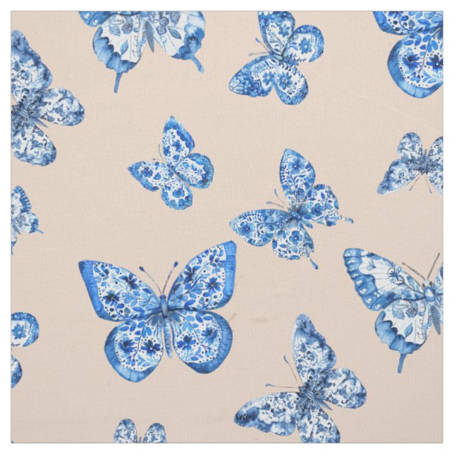 Chinoiserie Blue White Butterfly Blush Background Fabric (Swatch)
