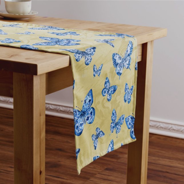  Chinoiserie Blue White Butterfly Faded Damask  Medium Table Runner (Creator Uploaded)