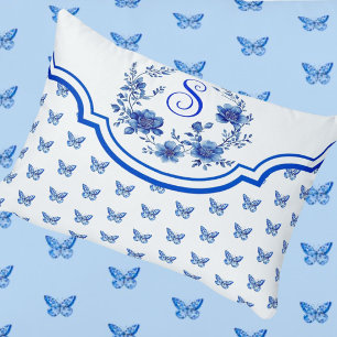  Chinoiserie Blue White Butterfly Roses Monogram Decorative Cushion