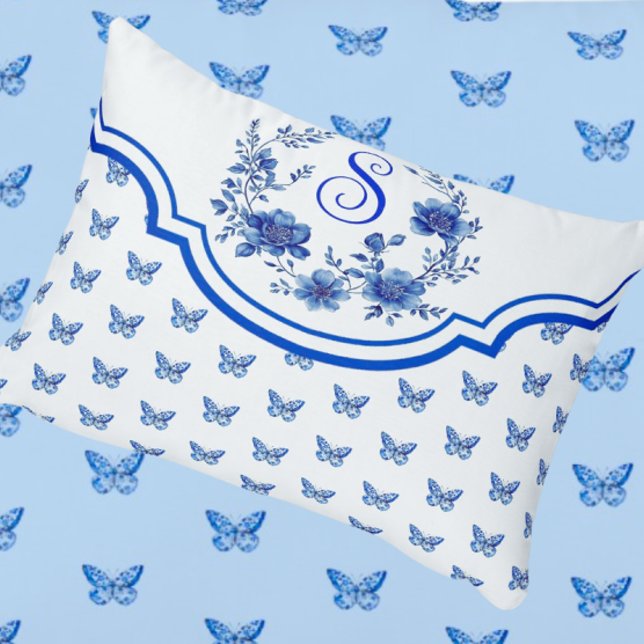  Chinoiserie Blue White Butterfly Roses Monogram Decorative Cushion (Monogram for someone special!)
