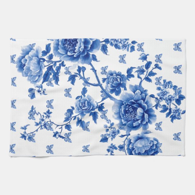 Chinoiserie Blue White Butterfly Roses  Tea Towel (Horizontal)
