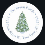 Chinoiserie Blue White Christmas Return Address Classic Round Sticker<br><div class="desc">This flexible sticker design features a Christmas tree decorated with blue and white ginger jar ornaments, with circular text border. Shown here for a return address label but all of the text fields are flexible to your needs eg could be a thank you favour sticker. All watercolor elements originally handpainted...</div>