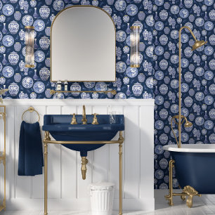 Chinoiserie Blue White Classic Ginger Jars Plates Wallpaper