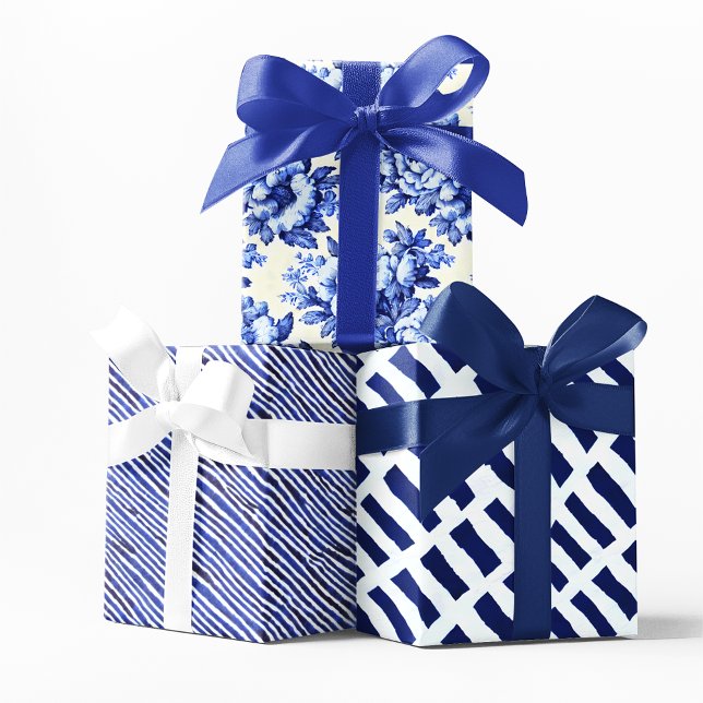 Chinoiserie Blue White Floral and Stripes Wrapping Paper Sheet (Creator Uploaded)
