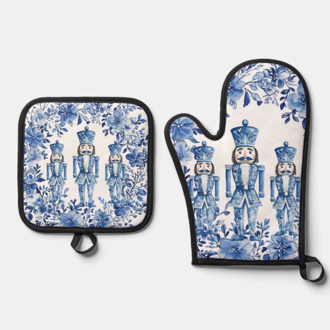 Chinoiserie Blue White Floral Christmas Nutcracker Oven Mitt & Pot Holder Set (Front)