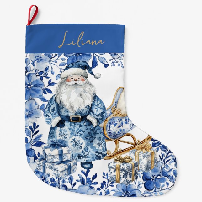 Chinoiserie Blue White Floral Christmas Santa Large Christmas Stocking (Front)