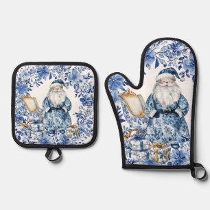 Chinoiserie Blue White Floral Christmas Santa Oven Mitt & Pot Holder Set