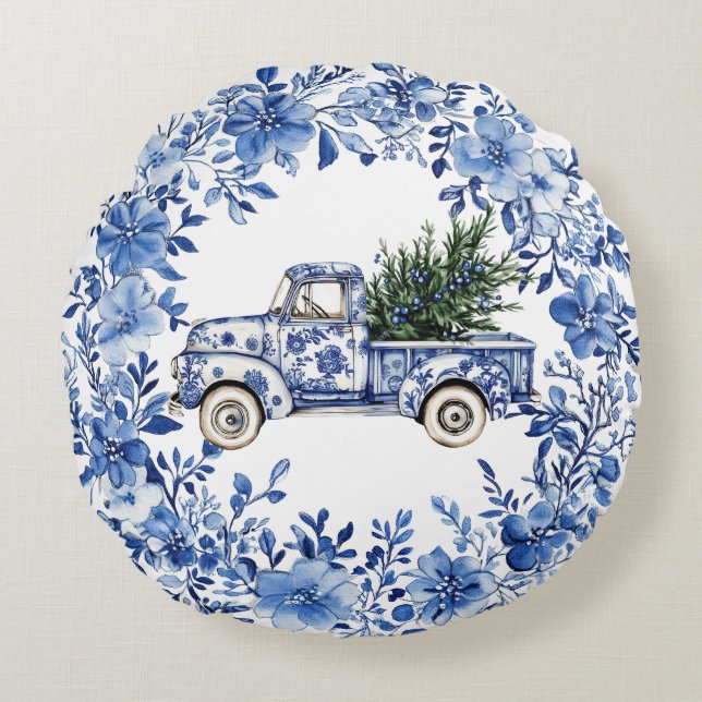 Chinoiserie Blue White Floral Christmas Truck Round Cushion (Front)