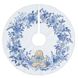 Chinoiserie Blue White Floral Gingerbread Man Brushed Polyester Tree Skirt