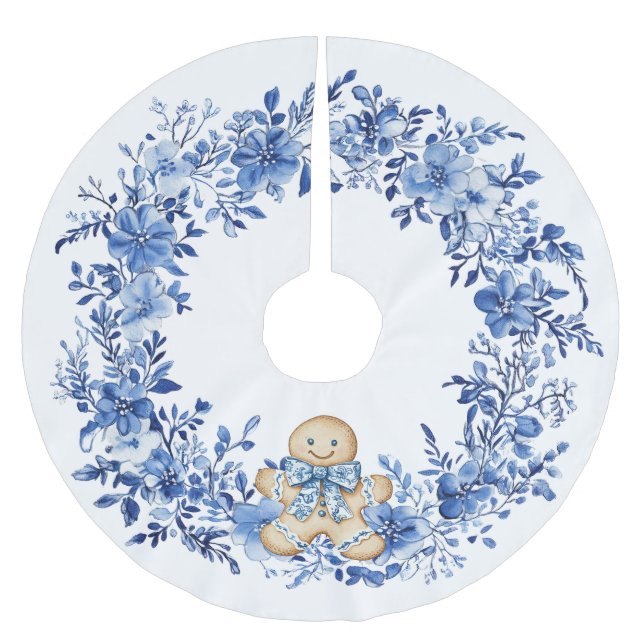 Chinoiserie Blue White Floral Gingerbread Man Brushed Polyester Tree Skirt (Front)