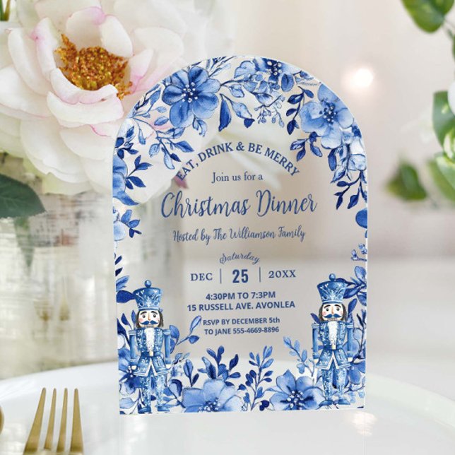 Chinoiserie Blue White Floral Nutcracker Christmas Acrylic Invitations (Creator Uploaded)