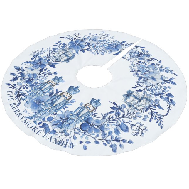 Chinoiserie Blue White Floral Nutcracker Soldiers Brushed Polyester Tree Skirt (Angled)