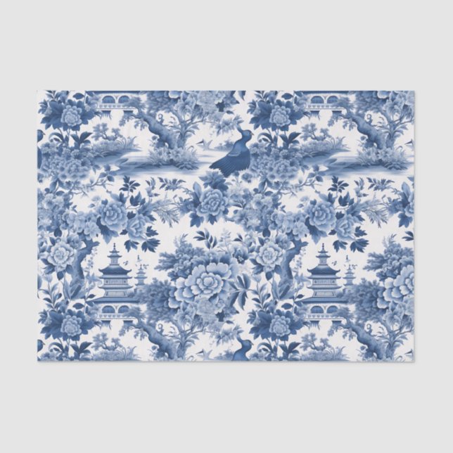 Chinoiserie Blue White Floral Painting Decoupage Tissue Paper (Front)