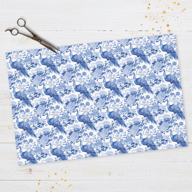 Chinoiserie Blue White Floral Peacocks Pattern Tissue Paper (Creator Uploaded)