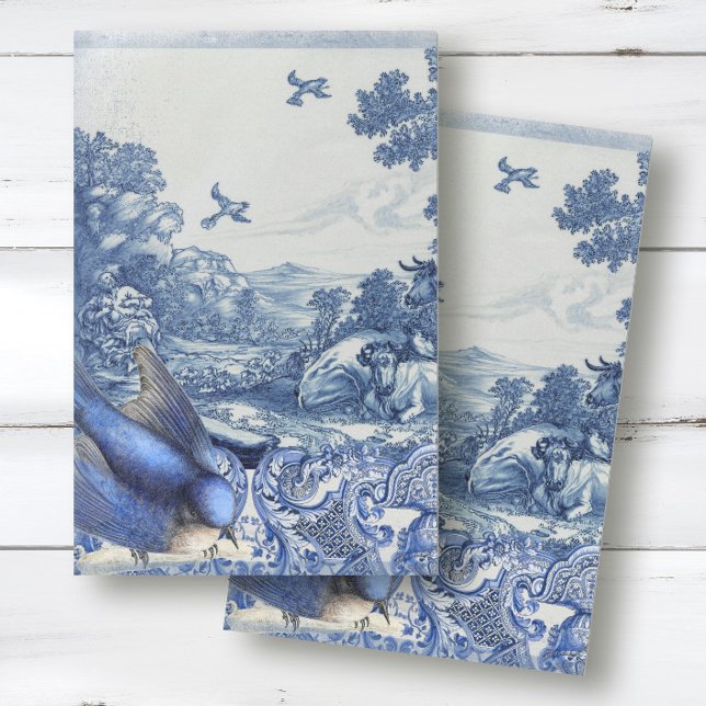 Chinoiserie Blue White French Toile Bird Collage Tissue Paper (Creator Uploaded)