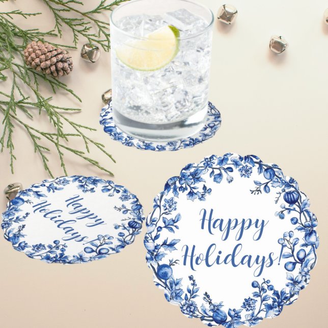 Chinoiserie Blue White Holly Leaf Personalised Paper Coaster (Personalize these paper coaster for your party or as a hostess gift.)